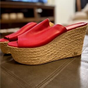 Michael Kors Red Leather Espadrille Wedge Slide Sandals